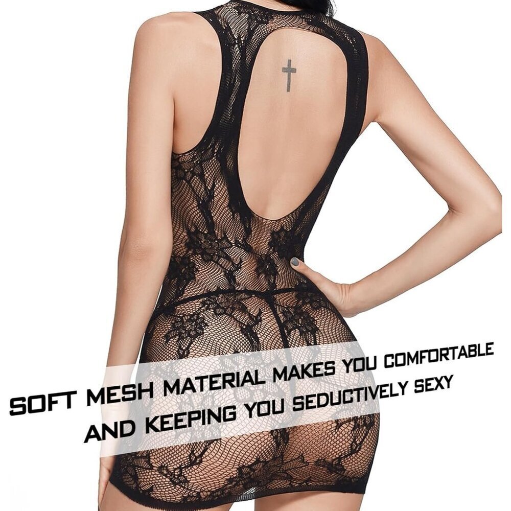 WOMEN'S Black Sexy Naughty Fishnet Teddy Bodysuit Lingerie Set Babydoll Outfits - Picture 5 of 7